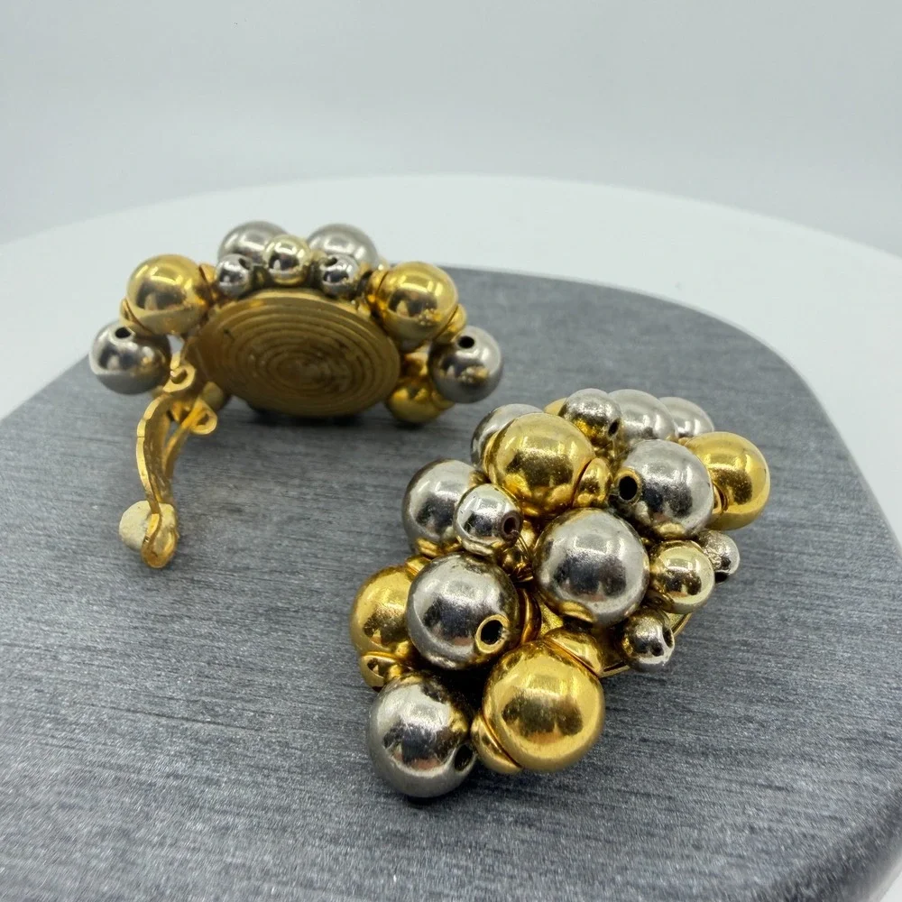 Gold & Silver Tone Bead Cluster Clip On Earrings Chunky Statement Jewelry Gift